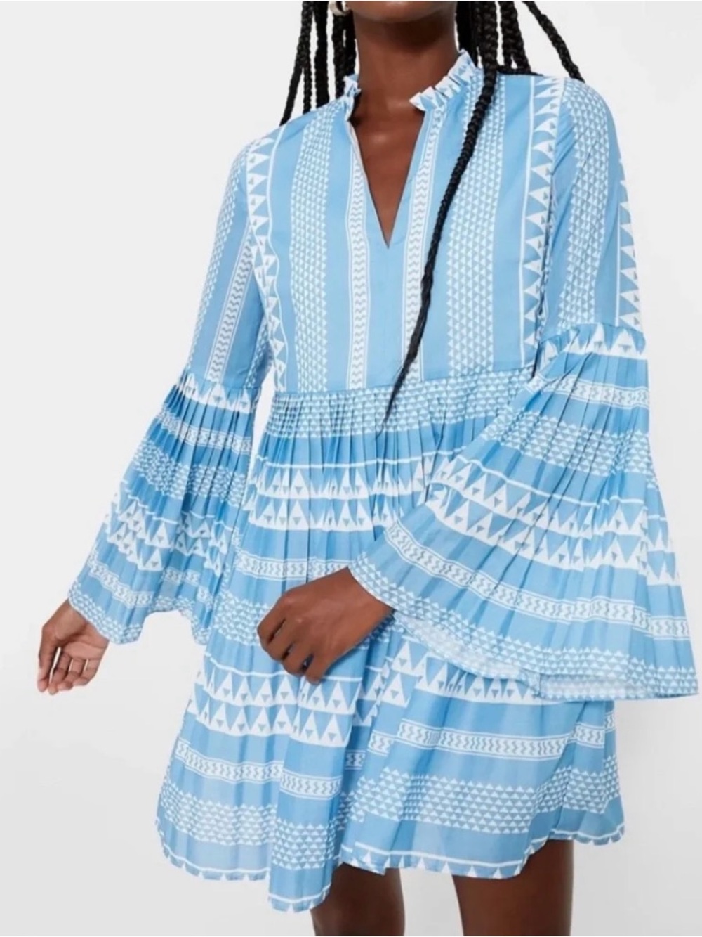 Sky-Blue Printed Mini Dress with Bell Sleeves